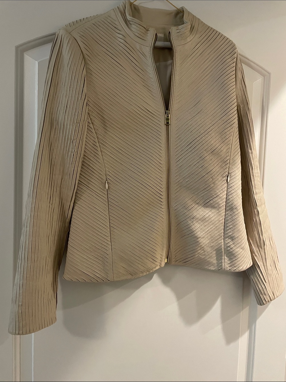 Etcetera Beige-Cream Textured Zip Leather Jacket